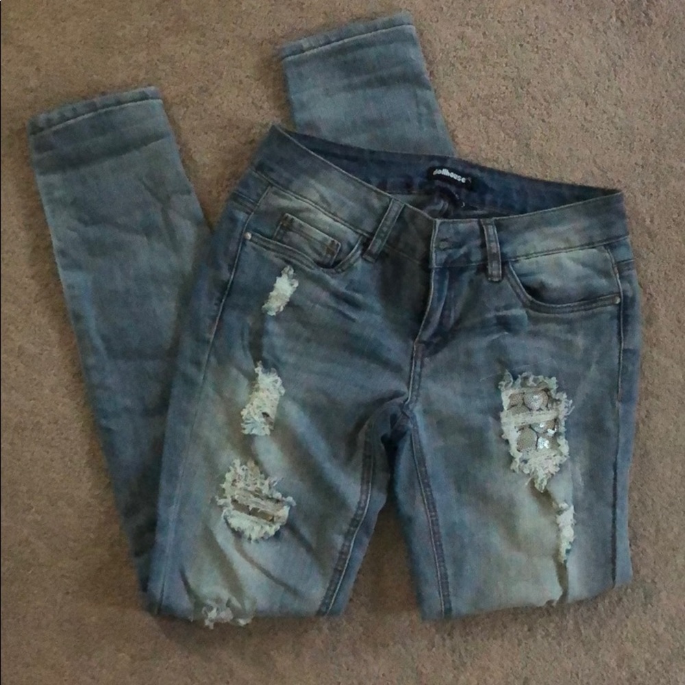 Dollhouse Jeans Distressed w Lace & Silver Sequins